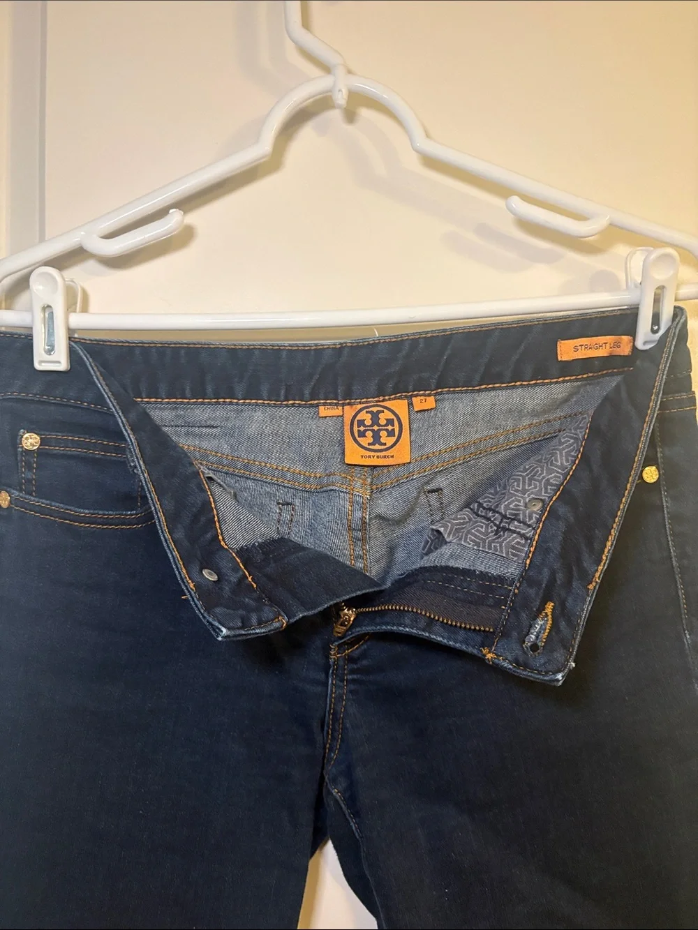 Tory Burch Navy Straight-Leg Jeans with Gold Hardware